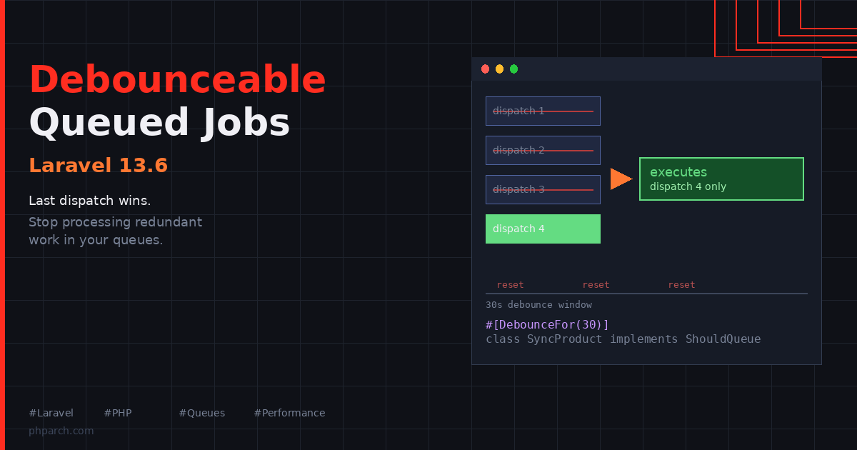 Featured image for "Debounceable Queued Jobs in Laravel 13.6: Stop Processing Redundant Work"