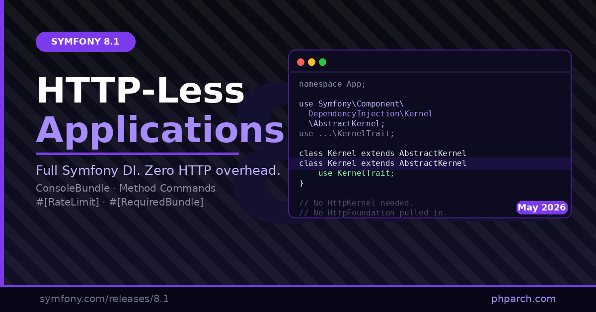 Featured image for "Symfony 8.1: Build HTTP-Less Applications with the Full DI Container"