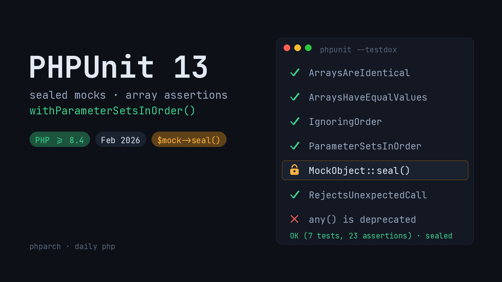 Preview image for PHPUnit 13: Sealed Mocks, Smarter Array Assertions, and a Real withConsecutive() Replacement