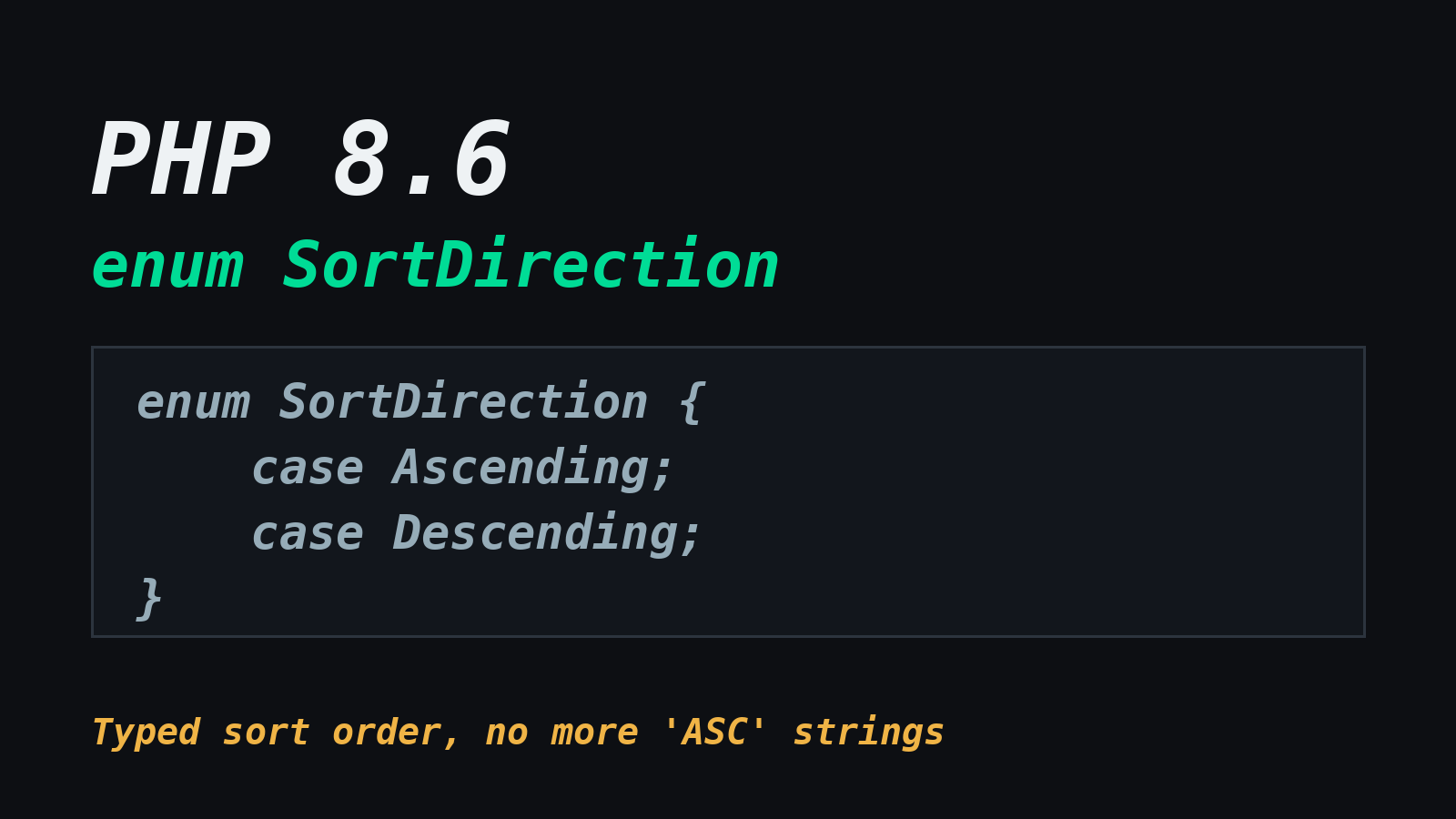 Featured image for "PHP 8.6 SortDirection Enum: Stop Passing 'ASC' and 'DESC' Strings Around"